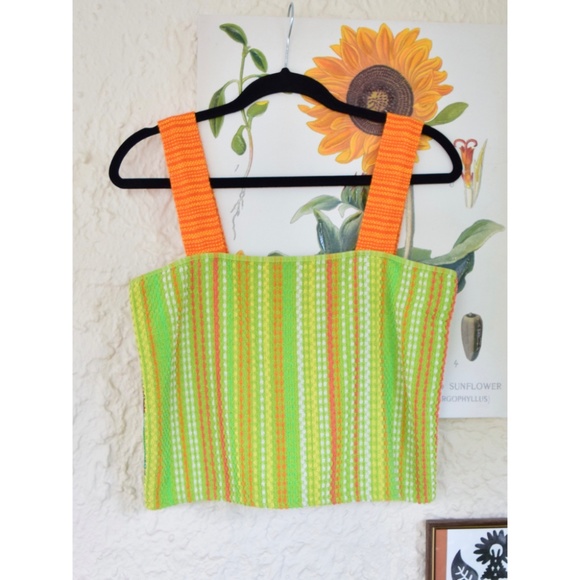 handmade chartreuse green orange teal vintage towel tank crop top (S) - Picture 5 of 6